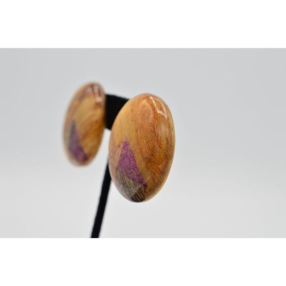 Vintage Round Earrings Handcrafted Lacquered Wood Reptile Snake Print NOS 80s 9D - Picture 6 of 9